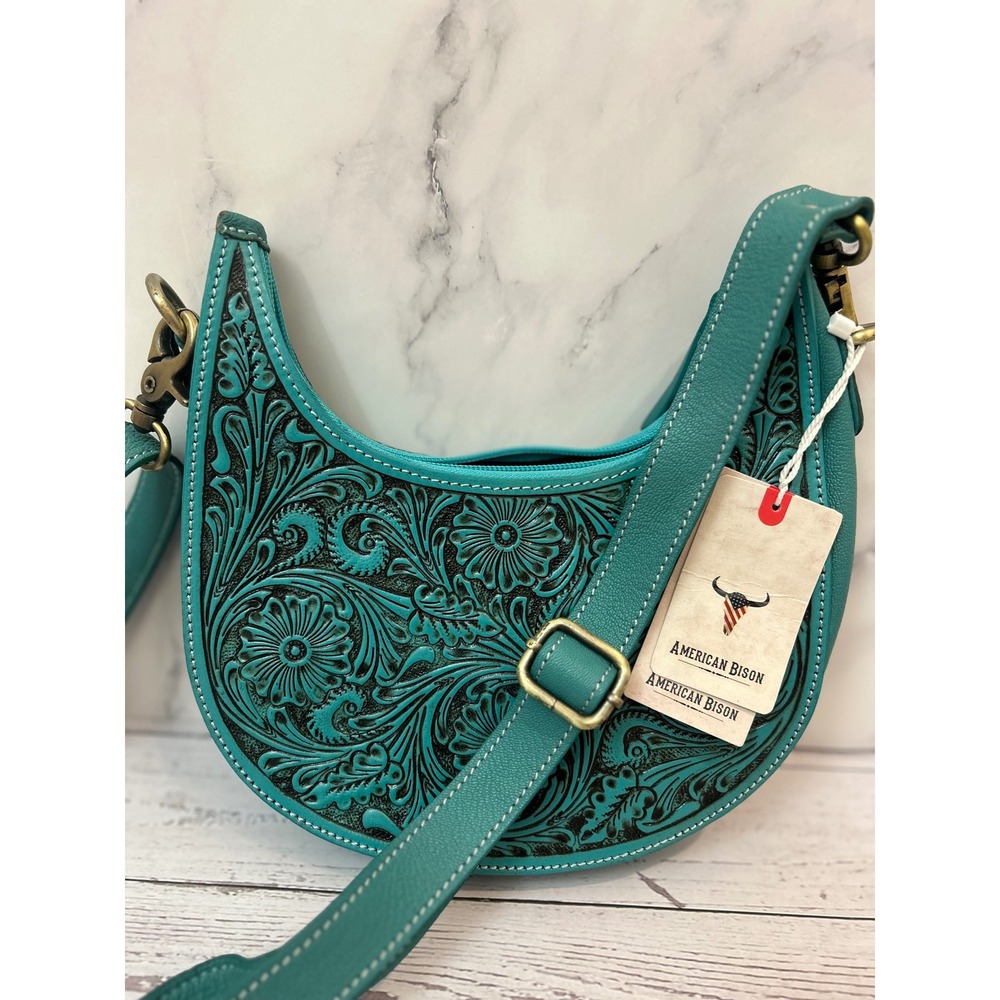 American Bison Turquoise Leather Hand Tooled Floral Western Crossbody Bag NEW